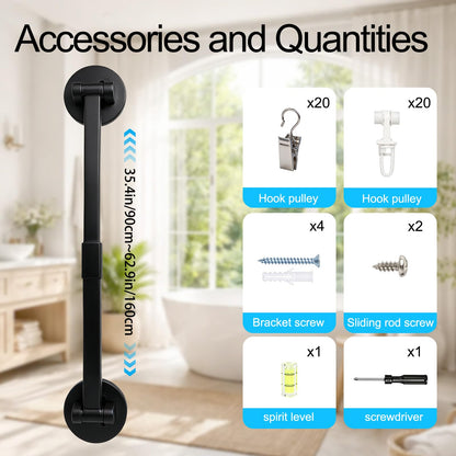 AuraCyzirine Black Shower Curtain pole90-160cm,180° Rotatable Ends,Dual Mount (Self-Adhesive/Screw),Shower Rail for Bathroom, Closet, Window