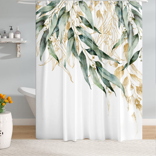 M&W DAS DESIGN Shower Curtain Made of Polyester Fabric Leaves Green Gold Modern Watercolour Look Anti-Mould Waterproof Bath Curtain Including 12