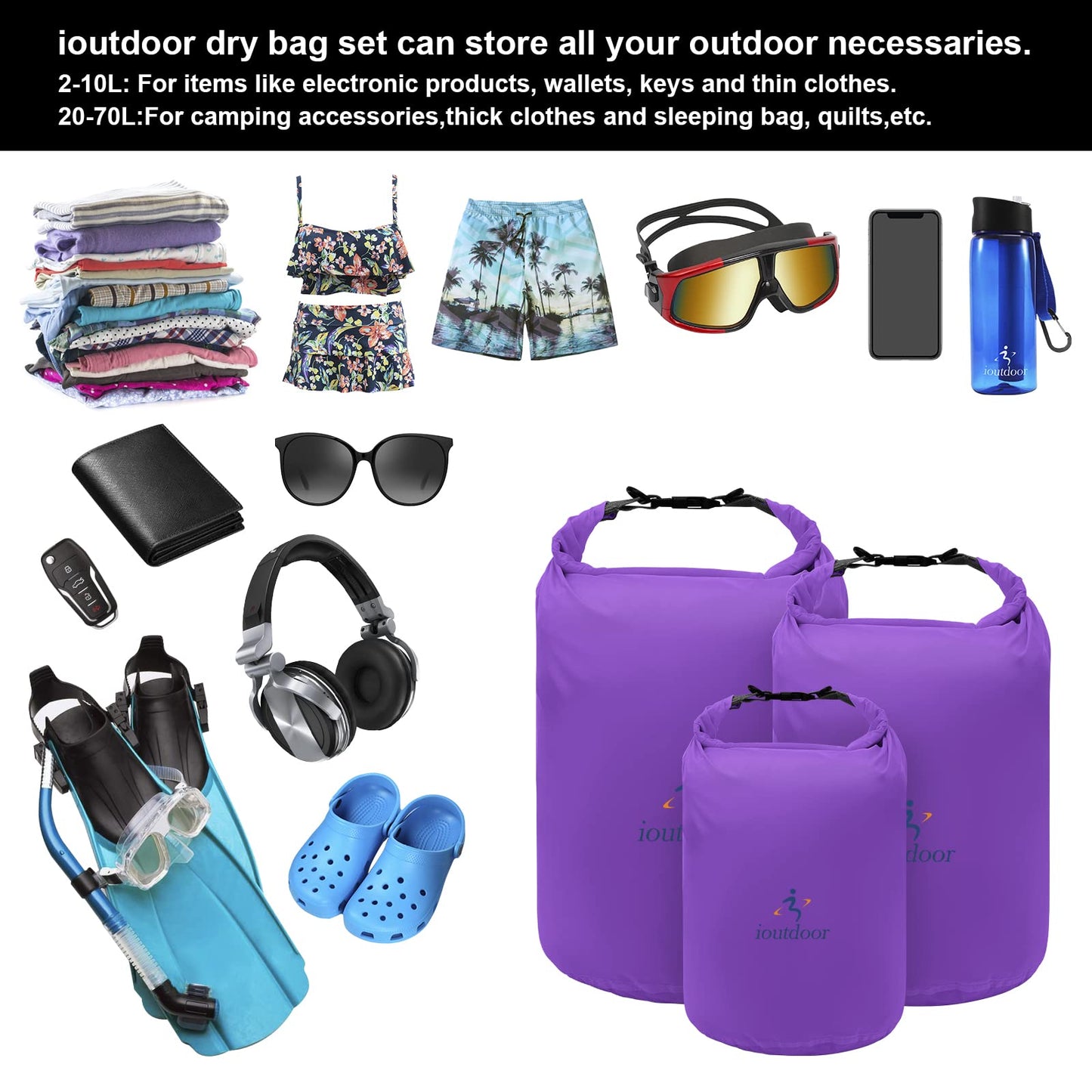 ioutdoor Dry Bag Set 2L + 5L + 10L + 20L+ 40L+ 70L Waterproof Small Lightweight Dry Bags for Paddle Board Kayaking Swimming Fishing Camping Hiking