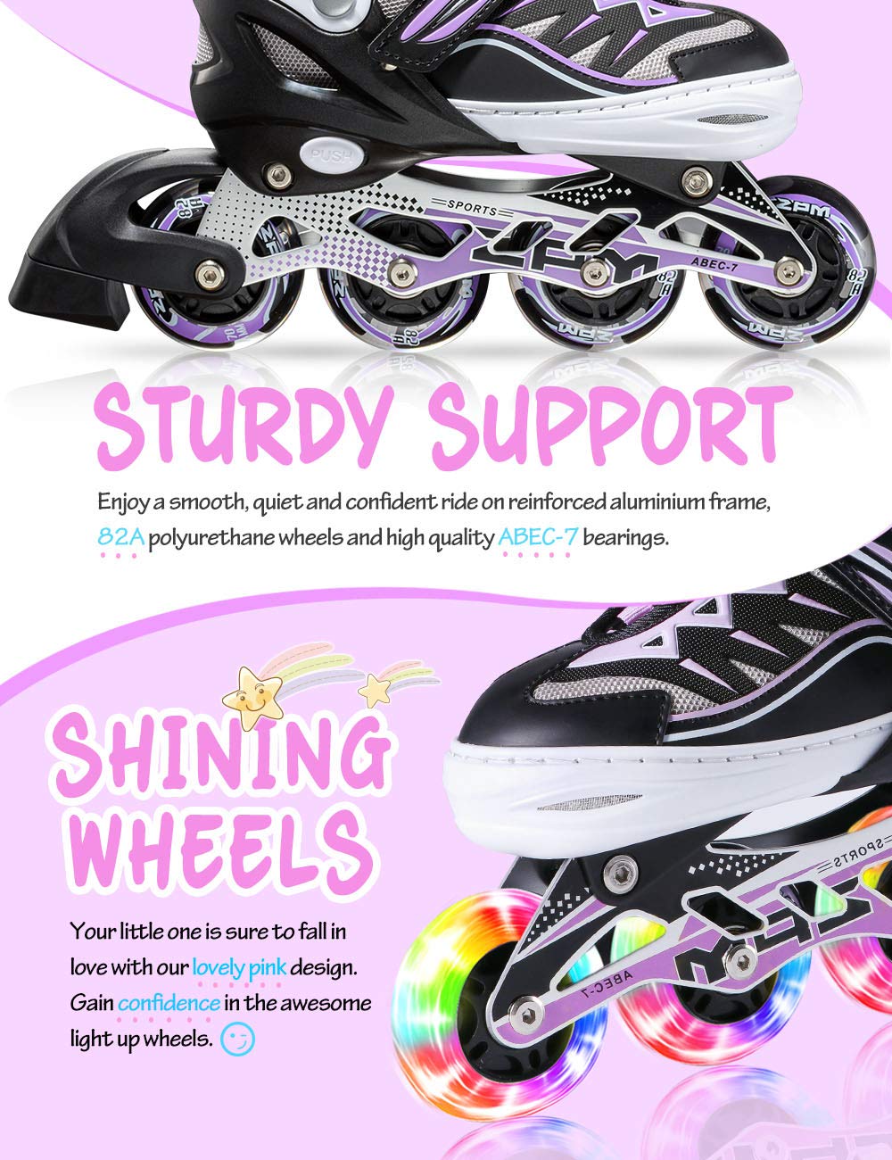 2pm Sports Adjustable Light up Inline Skates, Stylish Design Beginner Roller Skates for Boys and Girls - Purple Small