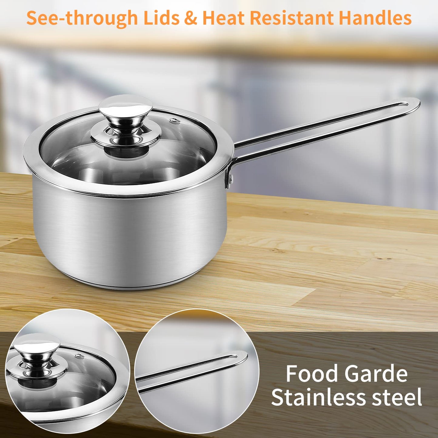 Saucepan Set 6 Pieces, Stainless Steel Pot and Pan Set, Saucepan with Glass Lids Cookware, Cookware Set Compatible with Induction, Gas and Electric
