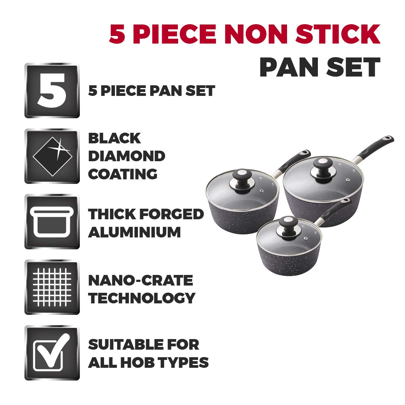 Tower T900110 Precision 5 Piece Non-Stick Forged Aluminium Pan Set with Black Diamond Coating, Soft Grip Handles, Black