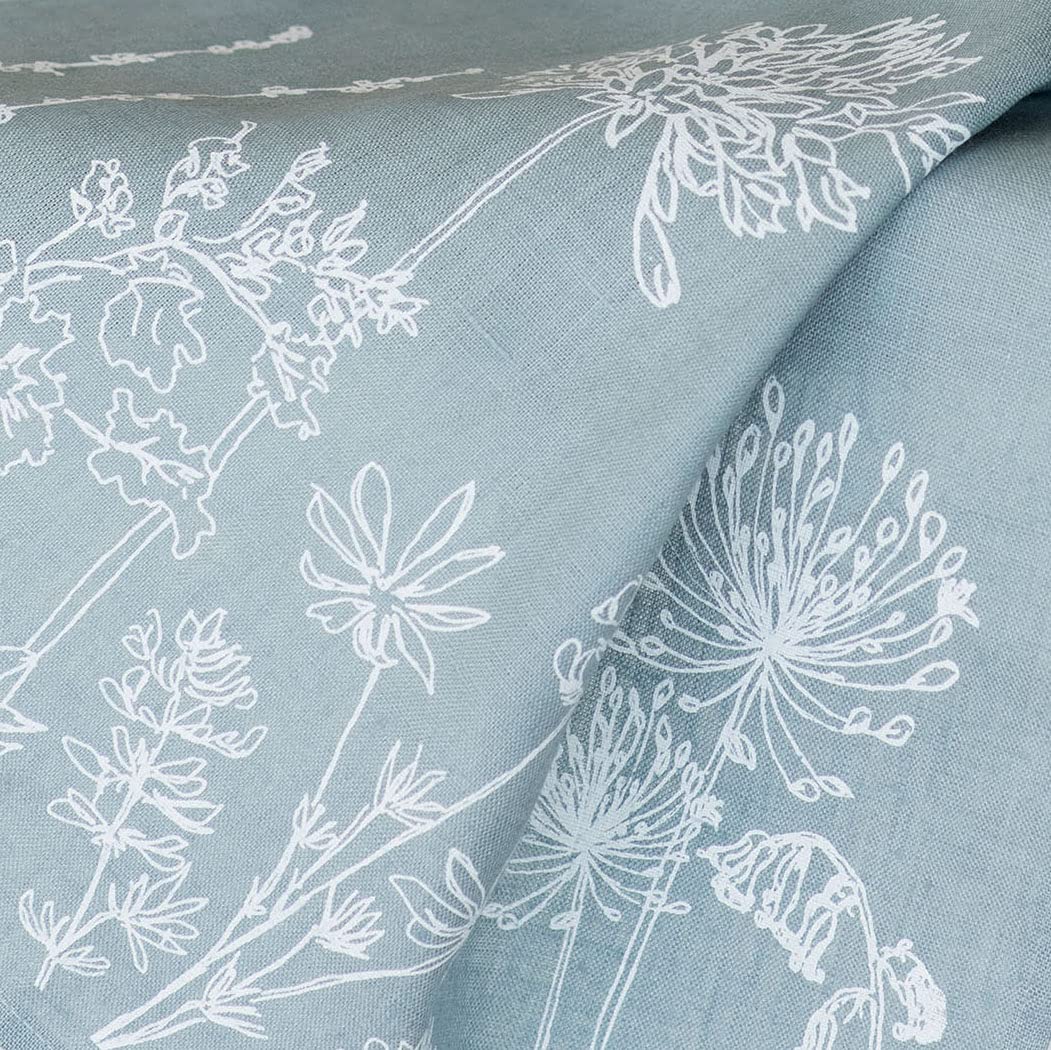 Helen Round Linen Tea Towel, duck egg blue. This beautiful, hand printed towel features garden flowers. Machine Washable at 40 degrees and will