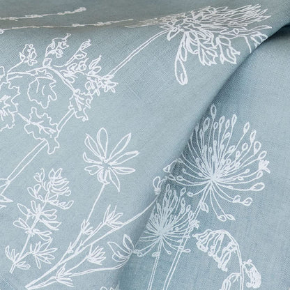 Helen Round Linen Tea Towel, duck egg blue. This beautiful, hand printed towel features garden flowers. Machine Washable at 40 degrees and will