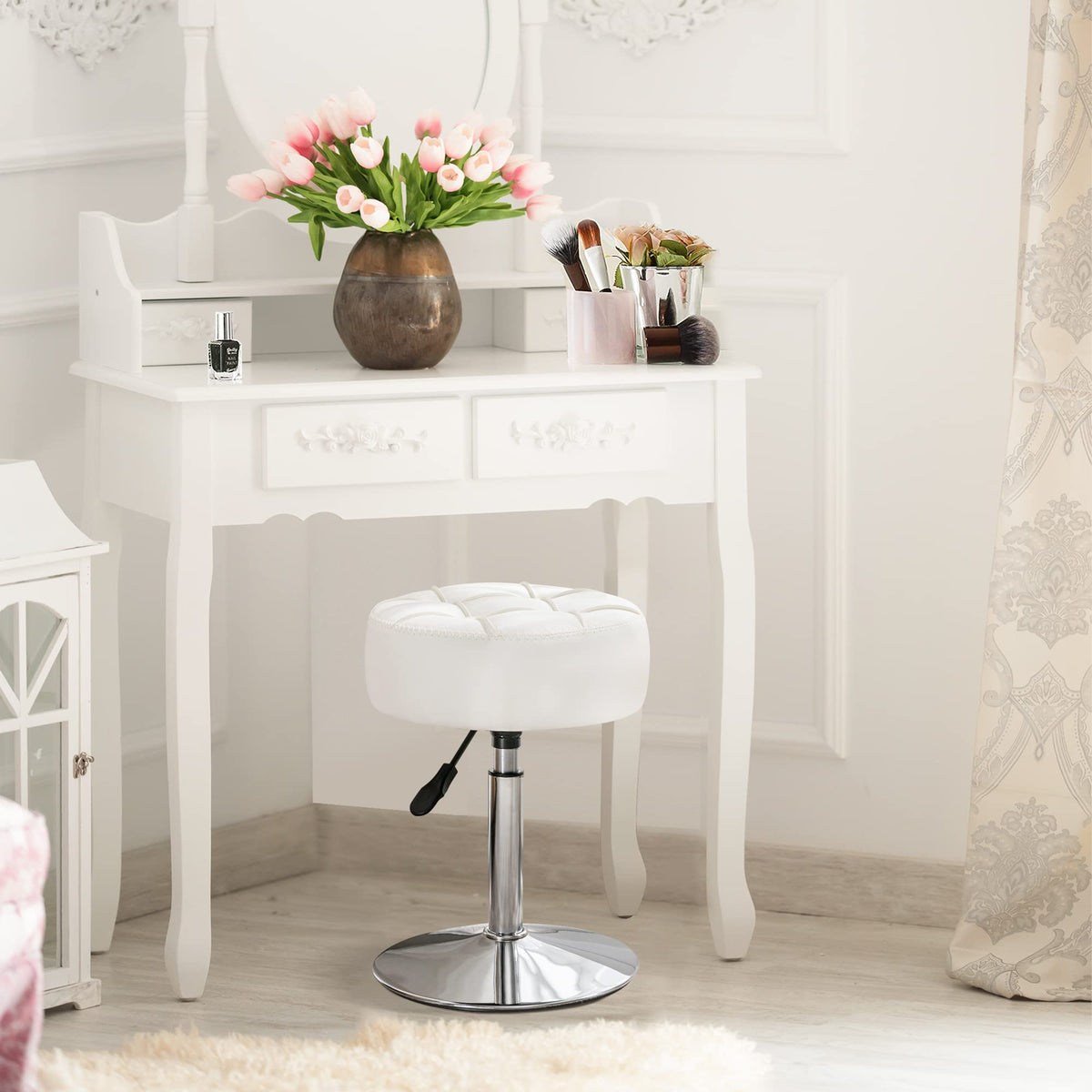 LUE BONA 360°Swivel Vanity Stool, Adjustable Dressing Table Stool, Tufted Design Faux Leather Chair for Dining Room, Living Room, White