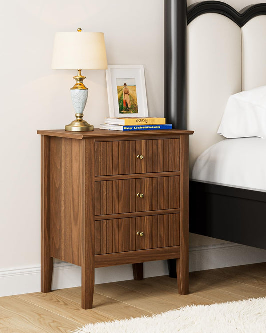 HEYZOEY Bedside Cabinet with 3 Drawers, Wooden Bedside Table, Modern Side Table for Bedroom or Living Room (Walnut, 45 ? 35 ? 61.5cm)