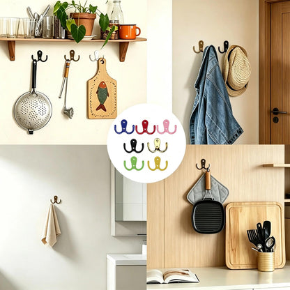 ZIJANG 7 Colorful Double Coat Hooks, Zinc Alloy Wall Hook (with Screws), Electroplated Coat Pegs, Suitable for Bedrooms, Bathrooms and Kitchens