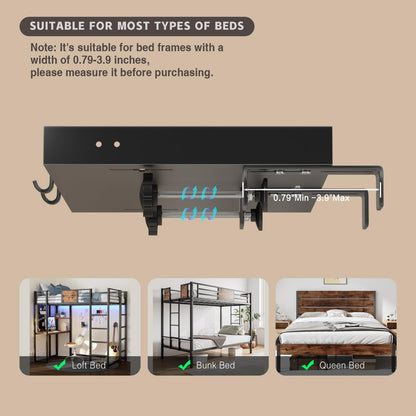 Magheo Bedside Shelf Metal, Clip-On Bunk Bed Shelf for Top Bunk, Heavy Duty Bed Side Table Tray for College Dorm Room Essential