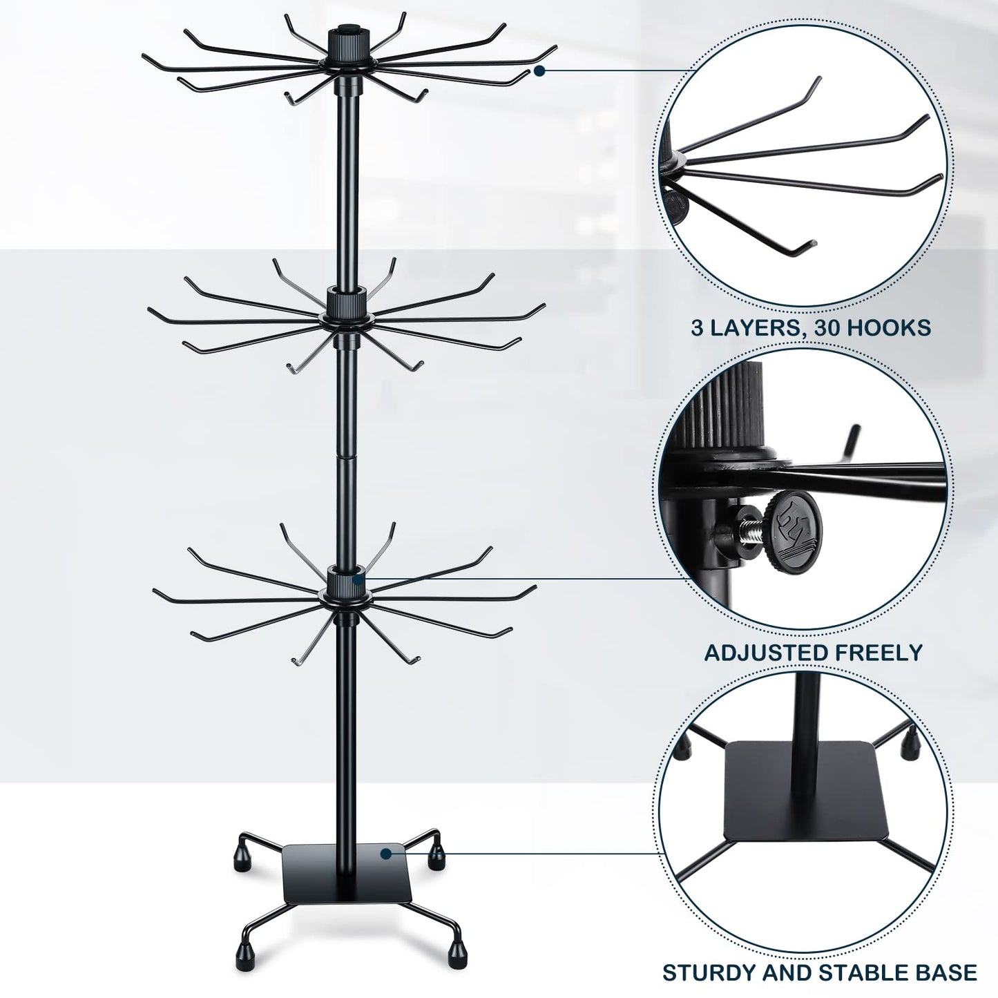 BBTO 2 Pcs Rotating Jewelry Display Rack 3 Tier Metal Display Hanging Jewelry Tower with Hooks for Earring Necklace (Black,28.35 x 11.8 Inch)
