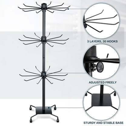 BBTO 2 Pcs Rotating Jewelry Display Rack 3 Tier Metal Display Hanging Jewelry Tower with Hooks for Earring Necklace (Black,28.35 x 11.8 Inch)