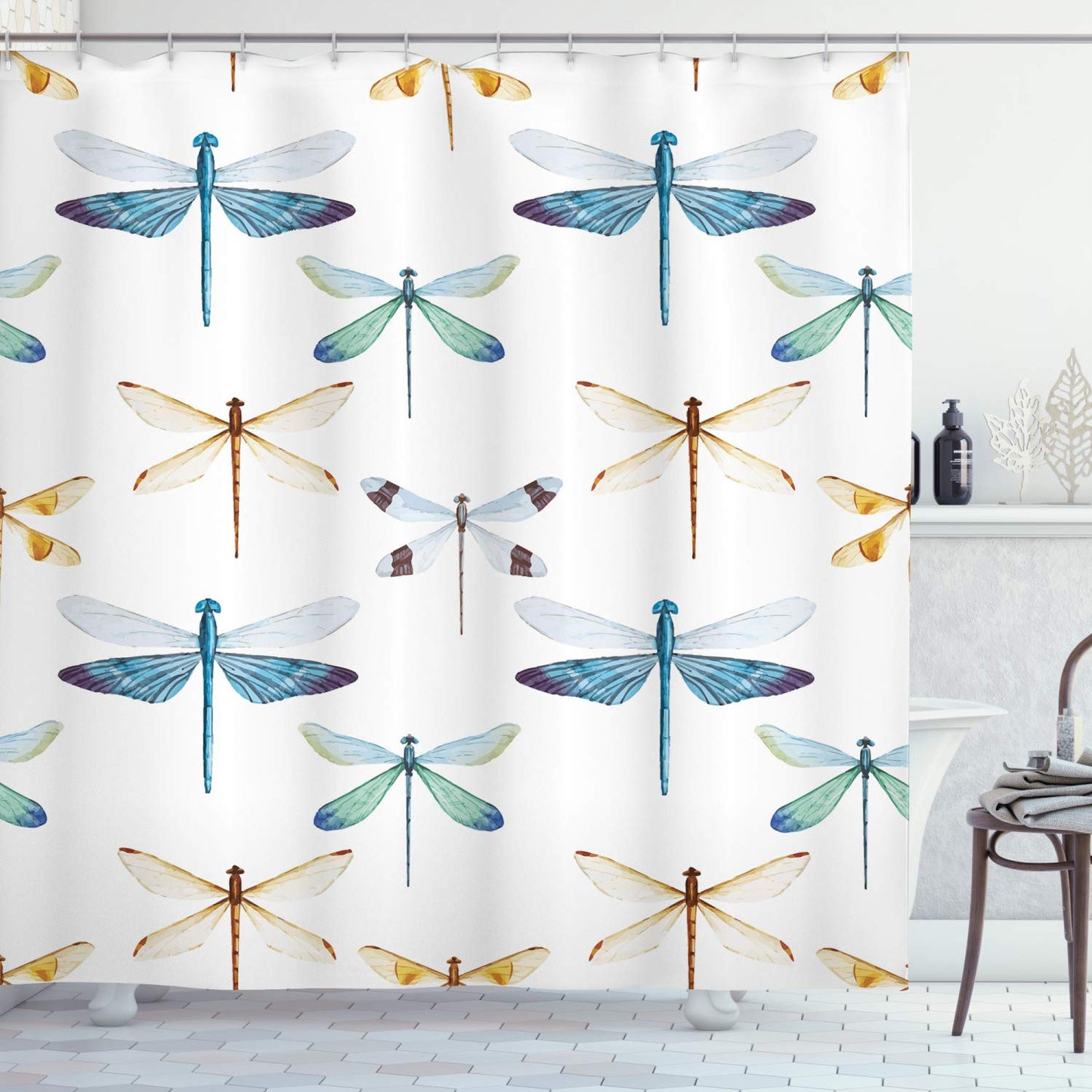 ABAKUHAUS Dragonfly Shower Curtain, Group of Regularly Dragonfly Pattern Short Lives Composition of Bugs, Cloth Fabric Bathroom Decor Set with Hooks,