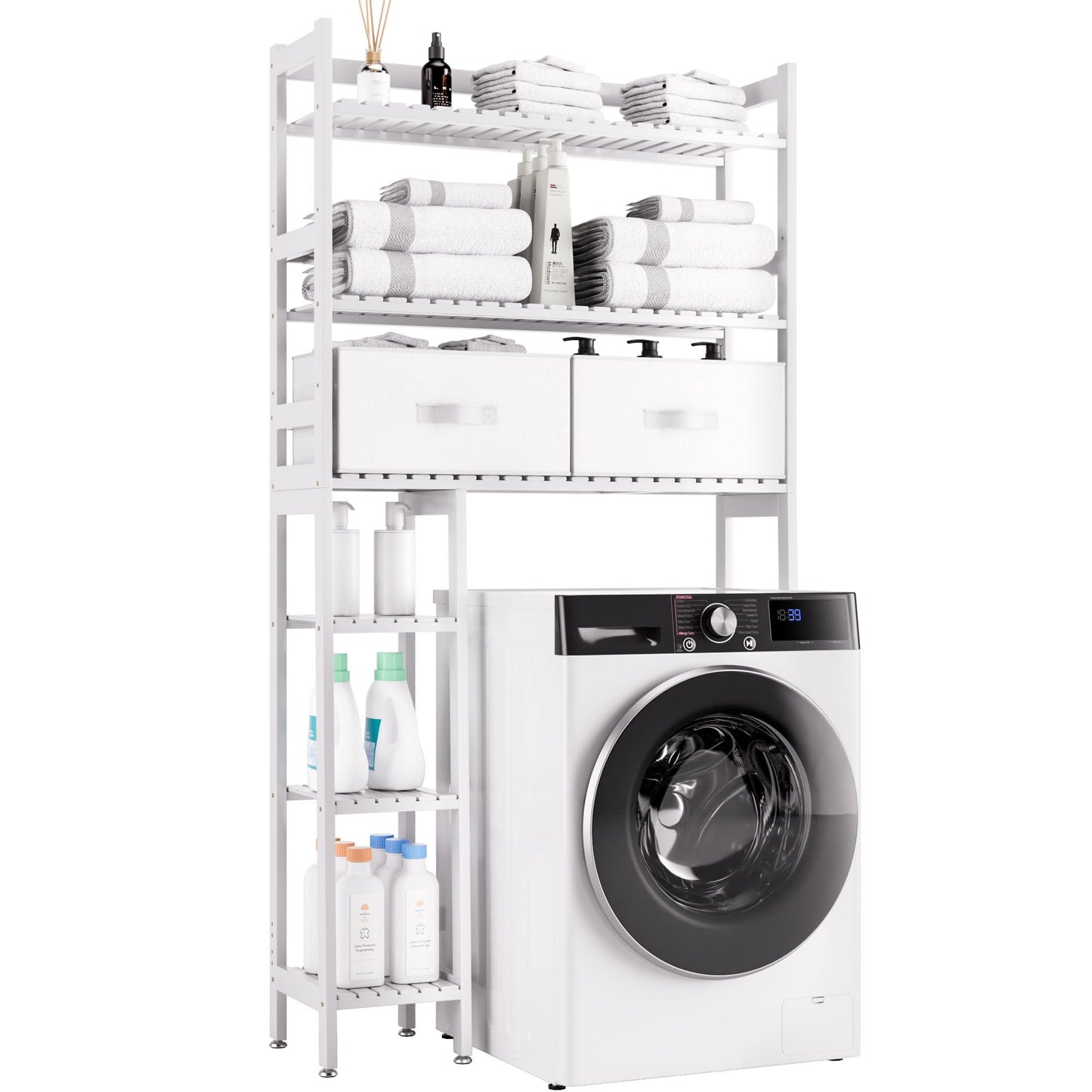 SMIBUY Over The Toilet Storage with Drawers, Large Bathroom Space Saver Organizer Rack, Freestanding Behind Toilet Stand with 6-Tier Shelf and