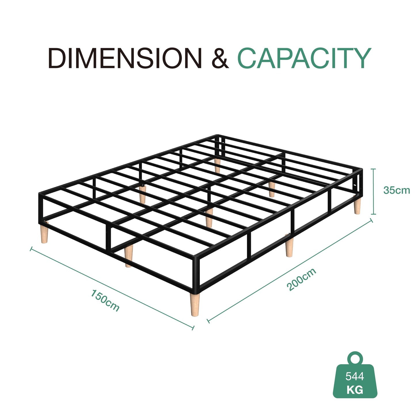 Novilla 35cm King Size Metal Platform Bed Frame, 5FT Mattress Foundation With Fabric Cover, Metal Slat Support, Solid Wooden Support Legs