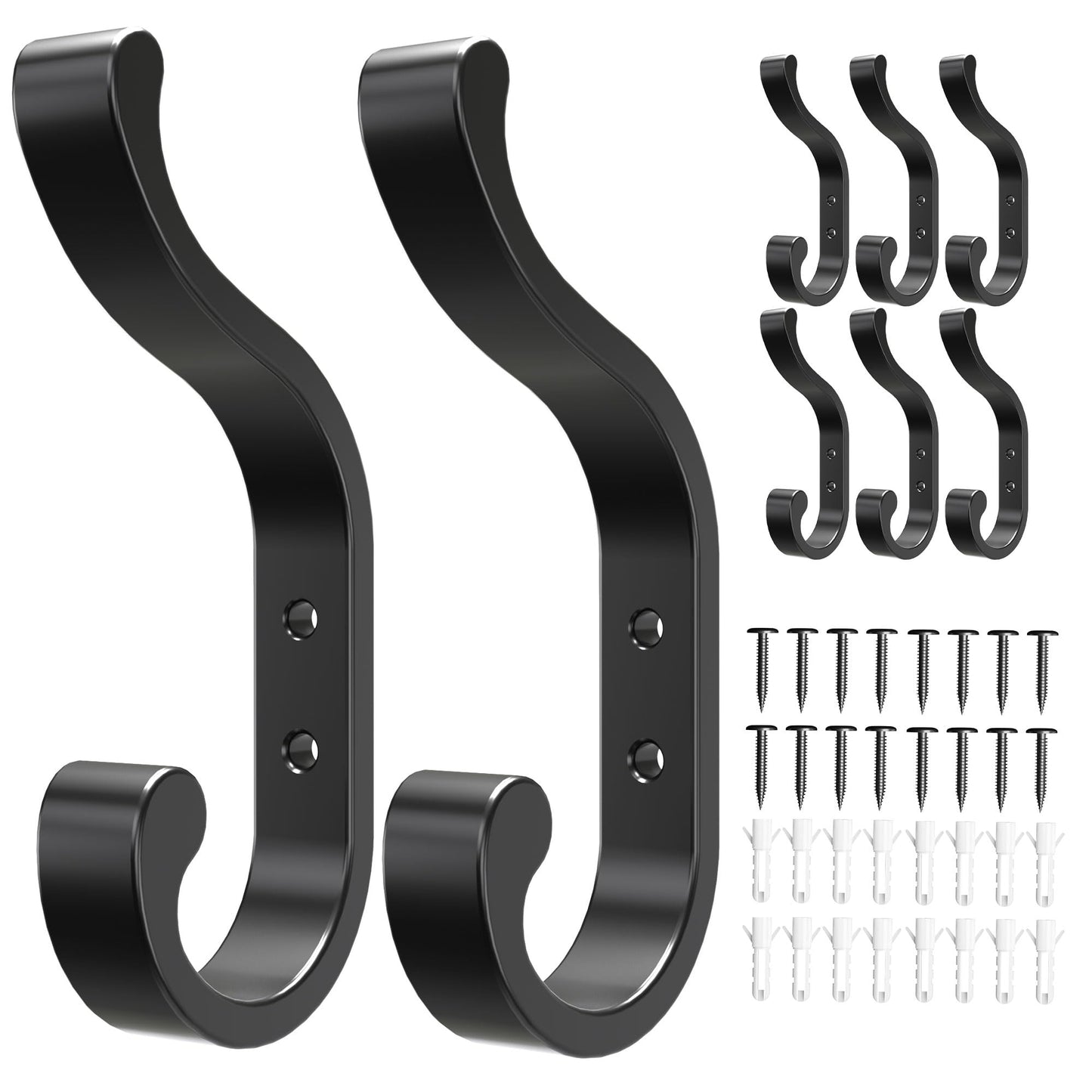 8-Pack Wall Hooks for Hanging Coats - Black Heavy Duty Coat Hook Wall Mounted, Screw-in Hooks for Towels, Clothes, Backpacks, Bags, Robes, Hats, Keys