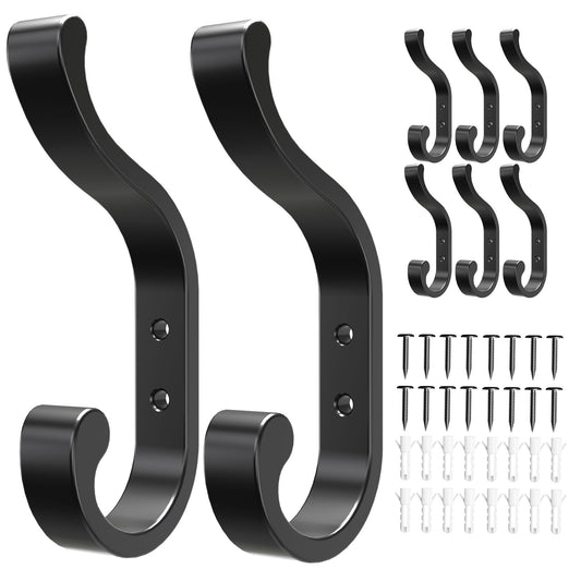 8-Pack Wall Hooks for Hanging Coats - Black Heavy Duty Coat Hook Wall Mounted, Screw-in Hooks for Towels, Clothes, Backpacks, Bags, Robes, Hats, Keys