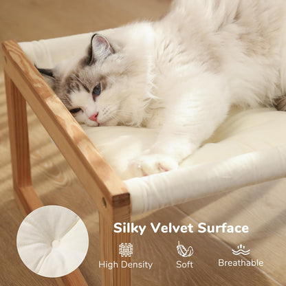 FUKUMARU Cat Bed, Plush Velvet Cat Beds for Indoor Cats, Wooden Cat Hammock, 50 x 40 cm Cat Couch, Suitable for Cats, Dog, Bunny, Rabbit, Kitten and