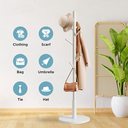 edihome, Coat Stand with Round Base, Freestanding Coat Rack with 8 Hooks, 172 x 38 x 38 cm, Wooden Hall Tree for Coats, Hats, Jackets