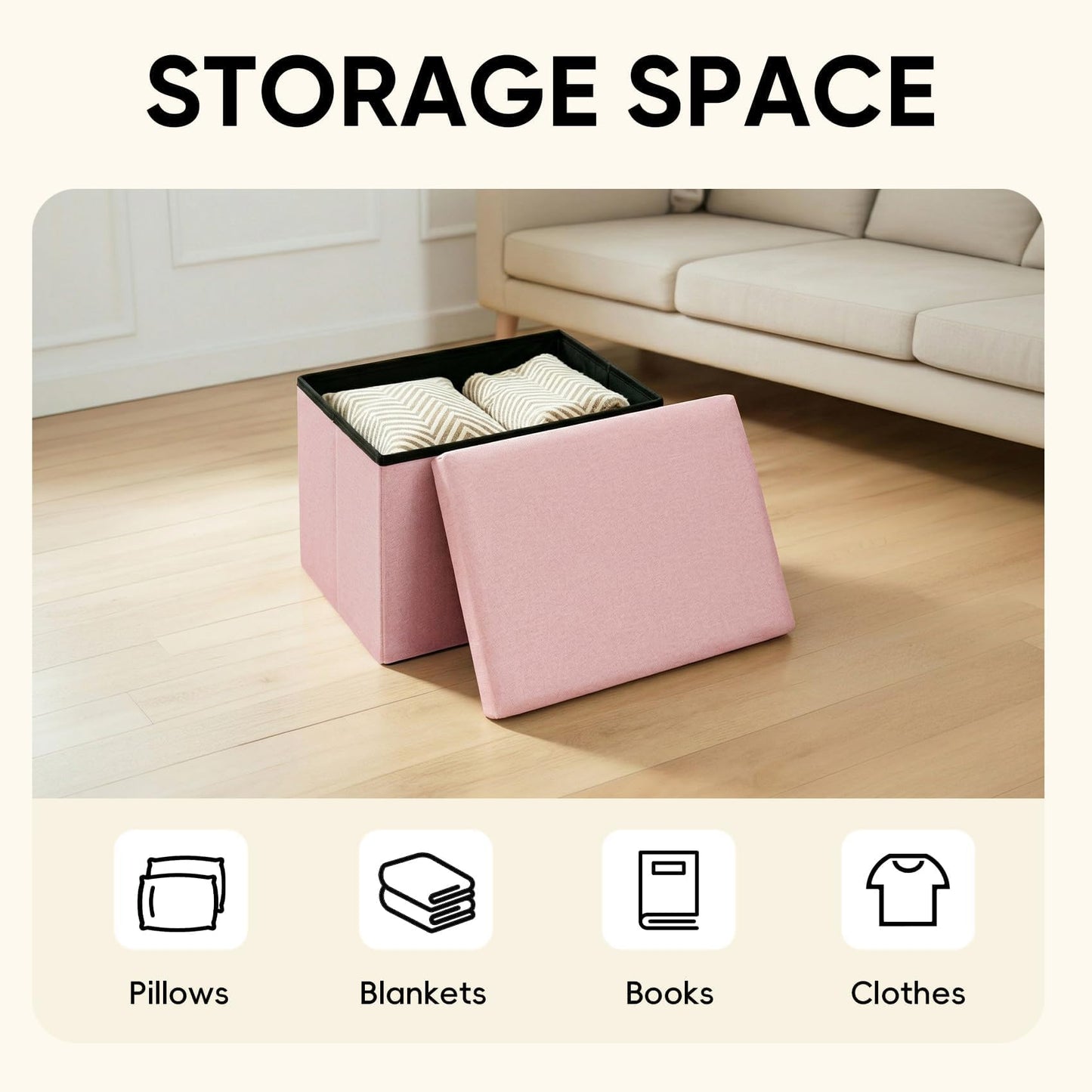 PINPLUS Folding Storage Box Ottoman, Linen Small Footstool, Pink