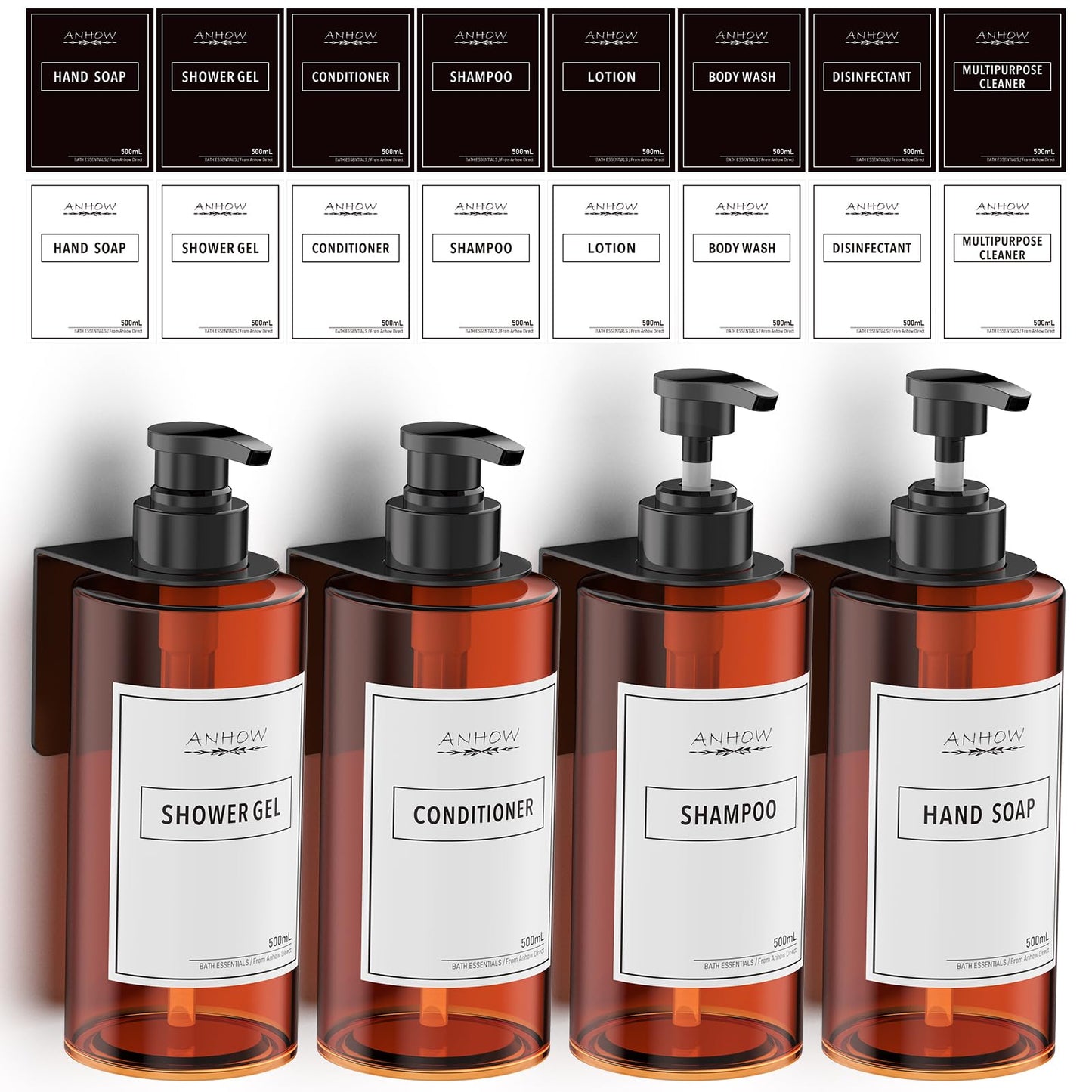 Anhow 4PCS Shower Soap Dispensers, 500 ml Wall Mounted Shampoo and Conditioner Dispenser, Wall Without Drilling Plastic Hand Soap Dispenser with