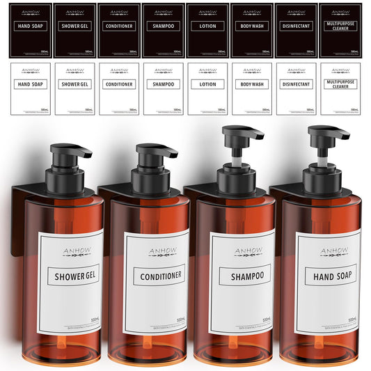 Anhow 4PCS Shower Soap Dispensers, 500 ml Wall Mounted Shampoo and Conditioner Dispenser, Wall Without Drilling Plastic Hand Soap Dispenser with