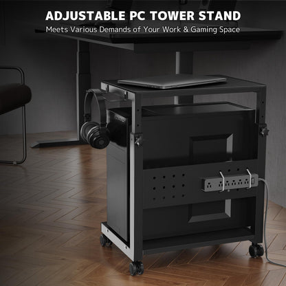PUTORSEN Computer Tower Stand Cart - 2-Tier pc tower stand with 4 Casters, Rolling Holder with Pegboard & 2 Hooks, Height Adjustable from 52 to 77cm