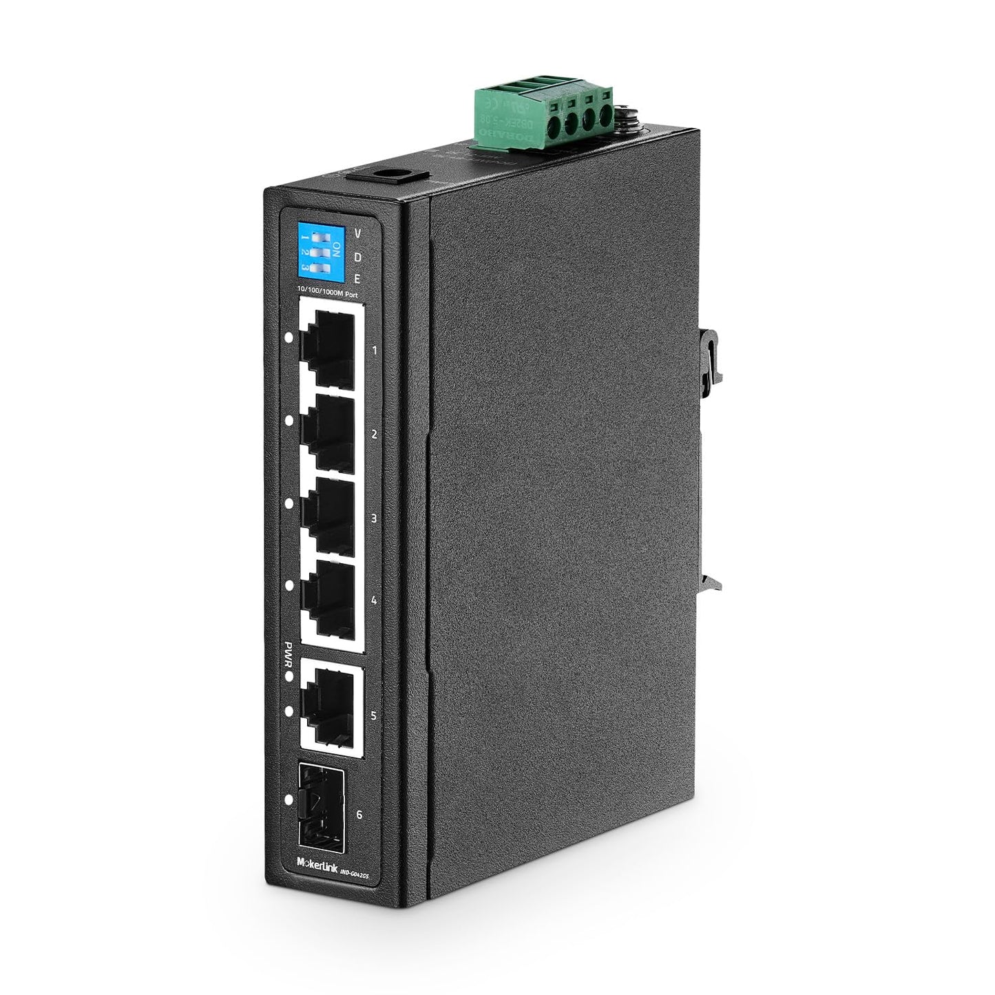 MokerLink 6 Port Industrial Din Rail Switch, 4 x 100/1000Mbps Ports, 1 Gigabit Uplink, 1 SFP, Metal DIN-Rail & Wall Mount Ethernet Switch