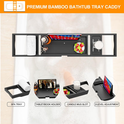 Premium Batht Tray Black - Expandable Bamboo Wooden Bath Trays for Bathub - Bath Tub Table Tray for Bathtub/Tub,Adjustable Size, Fits Most Tubs