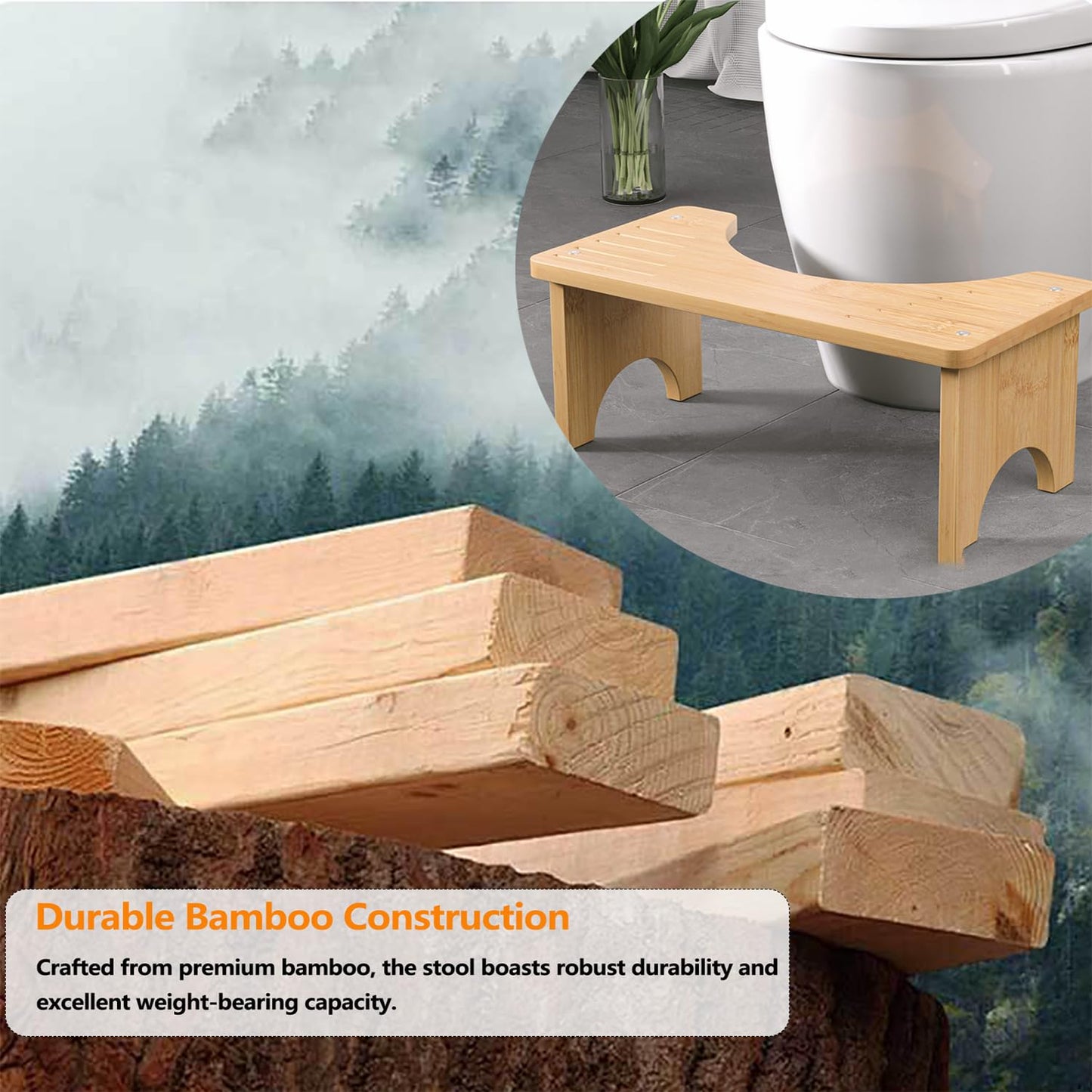 Bamboo Toilet Potty Stool for Adults & Kids, 7.8" Height Anti-Slip Bathroom Squatting Step for Proper Posture