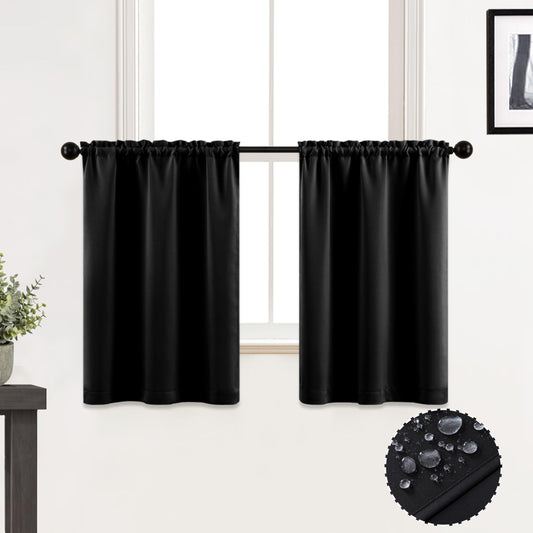 36 Inch Length Curtains for Bathroom Window,Small Waterproof Set 2 Panels Black Short Curtain for Shower Window/Bath Decor,Room Darkening Light