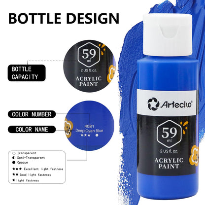 Artecho Acrylic Paint Set 48 Colors 2 Ounce/59ml with 10 Paint Brushs, Basic Acrylic Paint Supplies for Wood, Fabric, Crafts, Canvas, Leather&Stone
