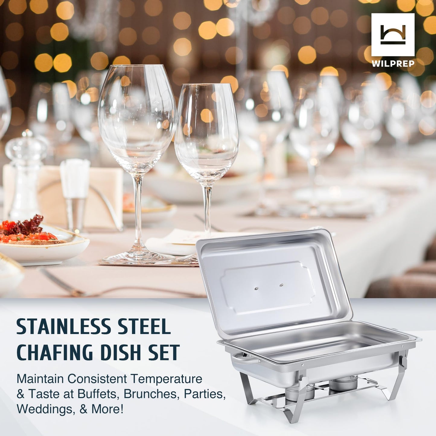 WILPREP Lightweight Chafing Dish Buffet Set 2 Pack, Rectangle Stainless Steel Food Warmer with Lids Food Pans and Fuel Holders, 9L Buffet Serving