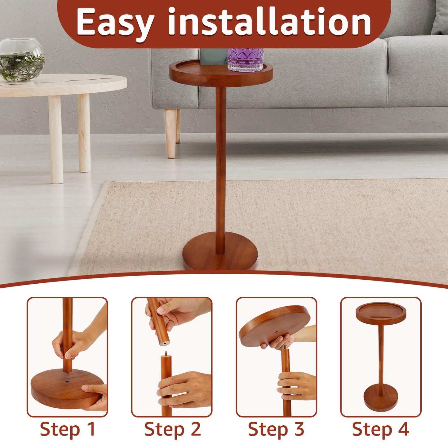 Solid Wood Pedestal Side Table, Small Round Coffee Table with Phone Holder & Weighted Base,21.65 Inch Enduring End Table Snack Desk for Small Spaces