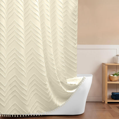 Inhousolu Boho Woven Fabric Shower Curtain, Tufted Textured Chevron Striped Tassel, Modern Farmhouse Cloth