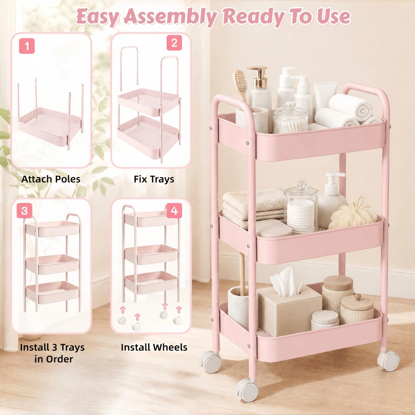 Siocok 3 Tier Metal Storage Trolley on Wheels, Storage Cart, Rolling Utility Cart, Easy Assembly for Home Kitchen, Bathroom Laundry and Office (Pink)