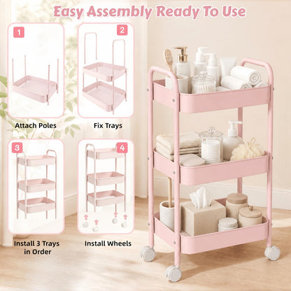 Siocok 3 Tier Metal Storage Trolley on Wheels, Storage Cart, Rolling Utility Cart, Easy Assembly for Home Kitchen, Bathroom Laundry and Office (Pink)