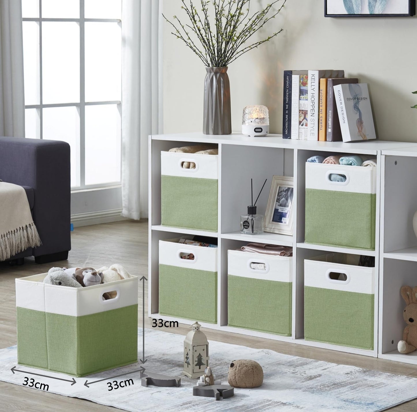 SOCOHOME Fabric Cube Storage Boxes,33x33x33cm Foldable Storage Baskets for Shelf Nursery Closet(Green/White, Set of 4)