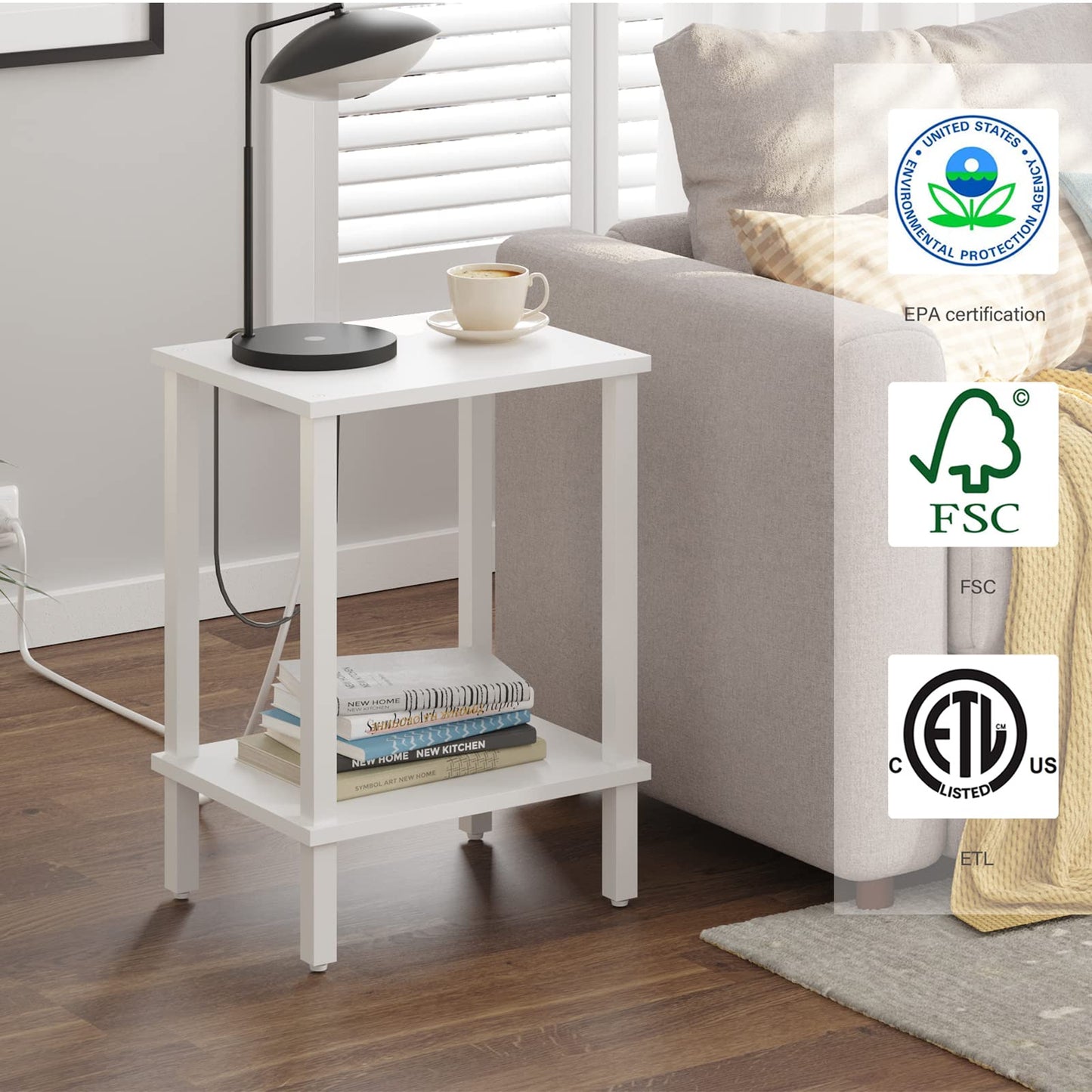TUTOTAK Side Table, Set of 2, Bedside Table, Night stand, 2-Tier Storage Shelf, End Table for Small Space, Living Room, Bed Room, White V1TB01BW035EU