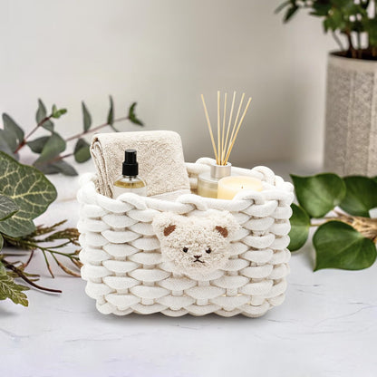 Woven Cotton Wicker Storage Basket with Bear Motif, White - Bathroom Organizer for Desk, Makeup Table, Cabinets, Bath, Kitchen (White)