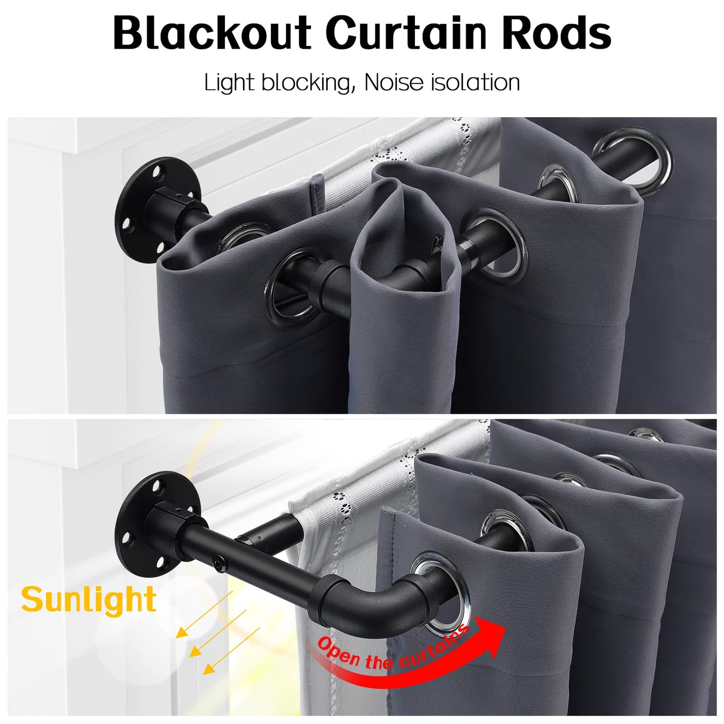 Harrms Industrial Double Curtain Pole, Curtain Poles for Eyelet Curtains, Matt Black, 74-236cm, Extendable Metal Curtain Rod Blackout Room Darkening