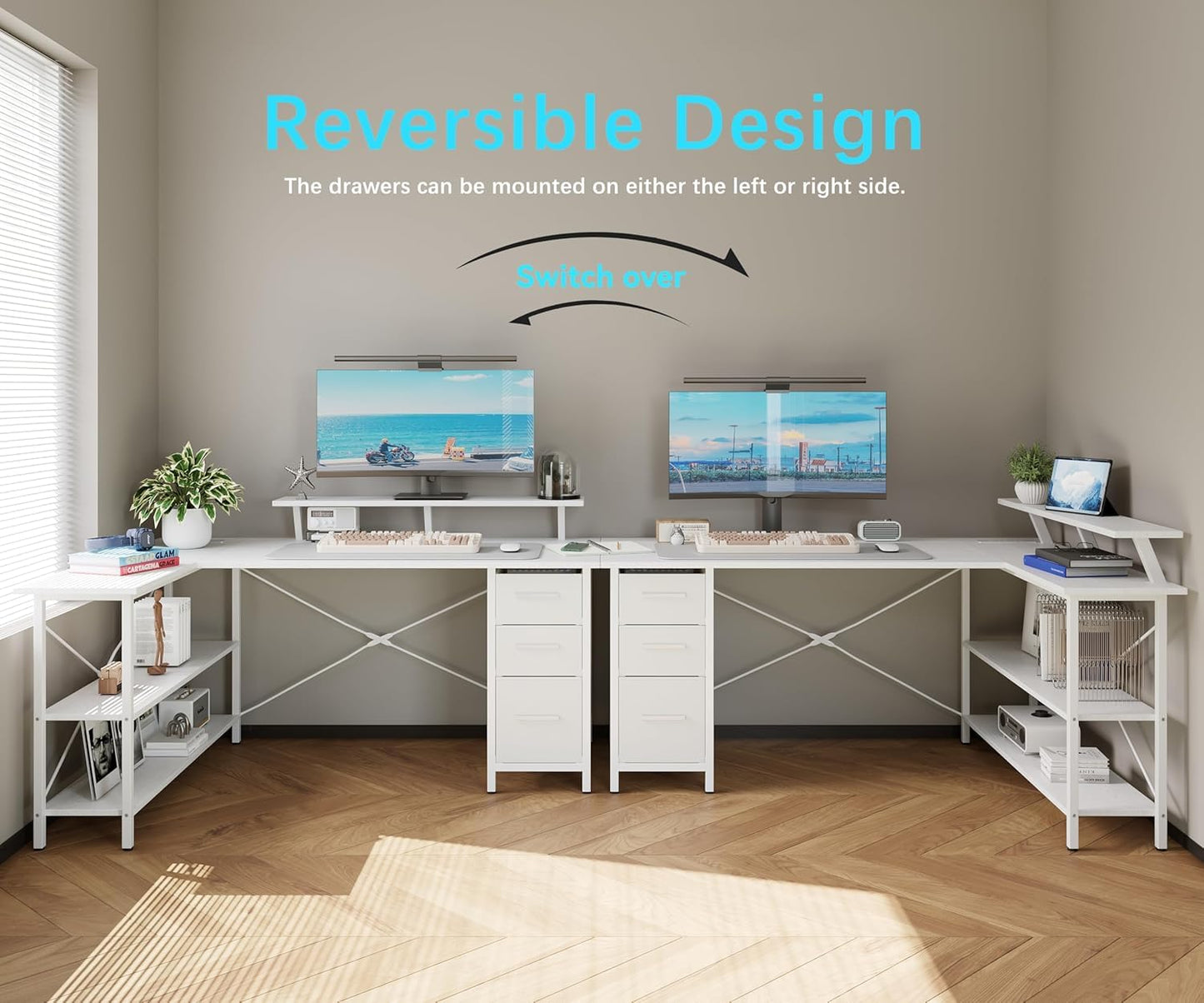 Xyphren Corner Computer Desk with Drawers, 140x80cm Reversible L Shaped Desk with Power Outlet, Home Office Desk with Monitor Stand and PC Stand