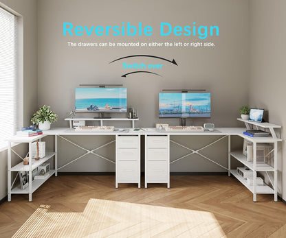 Xyphren Corner Computer Desk with Drawers, 140x80cm Reversible L Shaped Desk with Power Outlet, Home Office Desk with Monitor Stand and PC Stand