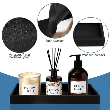 2 Pcs Bathroom Vanity Tray with 2 Soap Tray, 20 × 10 cm Black Rectangular Silicone Decorative Tray for Storage Perfume, Candles, Soap, Dressing