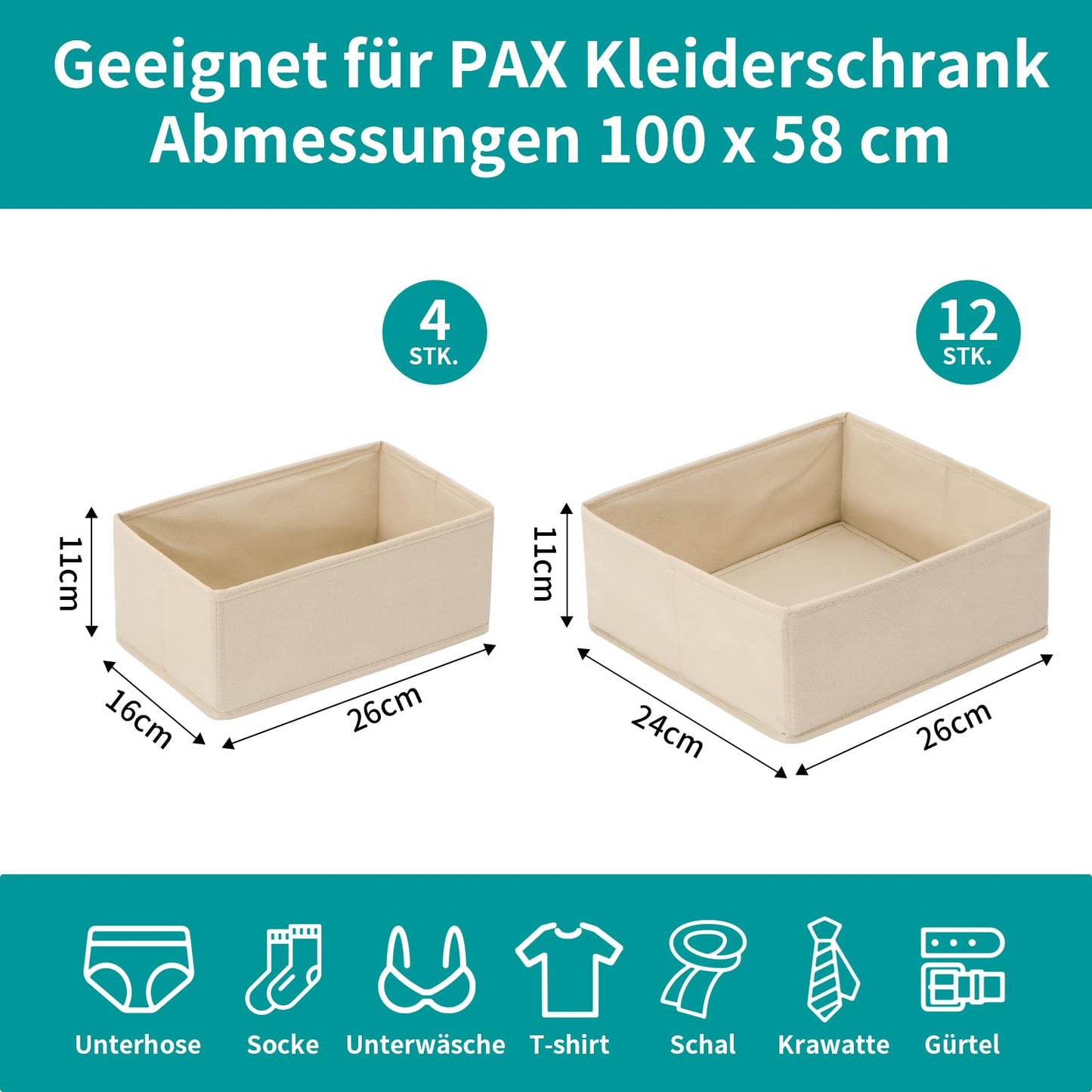 ORLISA Set of 16 Drawer Organisers, Compatible with PAX Wardrobe, 100 x 58 cm, Foldable Fabric Boxes with Sturdy Base for Clothes, Robust Beige