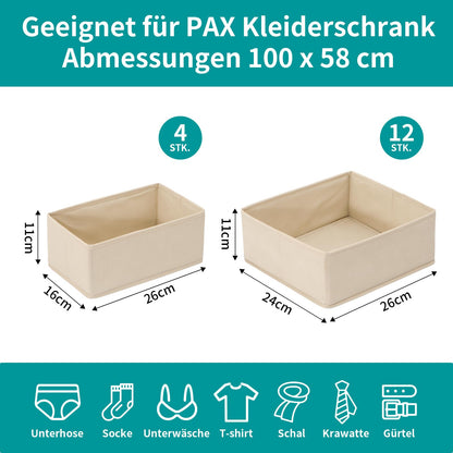 ORLISA Set of 16 Drawer Organisers, Compatible with PAX Wardrobe, 100 x 58 cm, Foldable Fabric Boxes with Sturdy Base for Clothes, Robust Beige