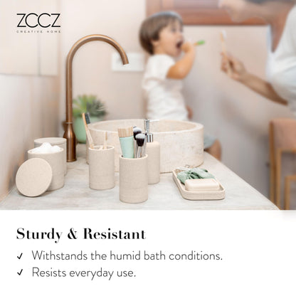 zccz Beige Bathroom Accessory Set 6 Pieces - Bathroom Organiser with Tootbrush Holder, Lotion Soap Dispenser, Vanity Tray and 2 Qtip Holders - Modern