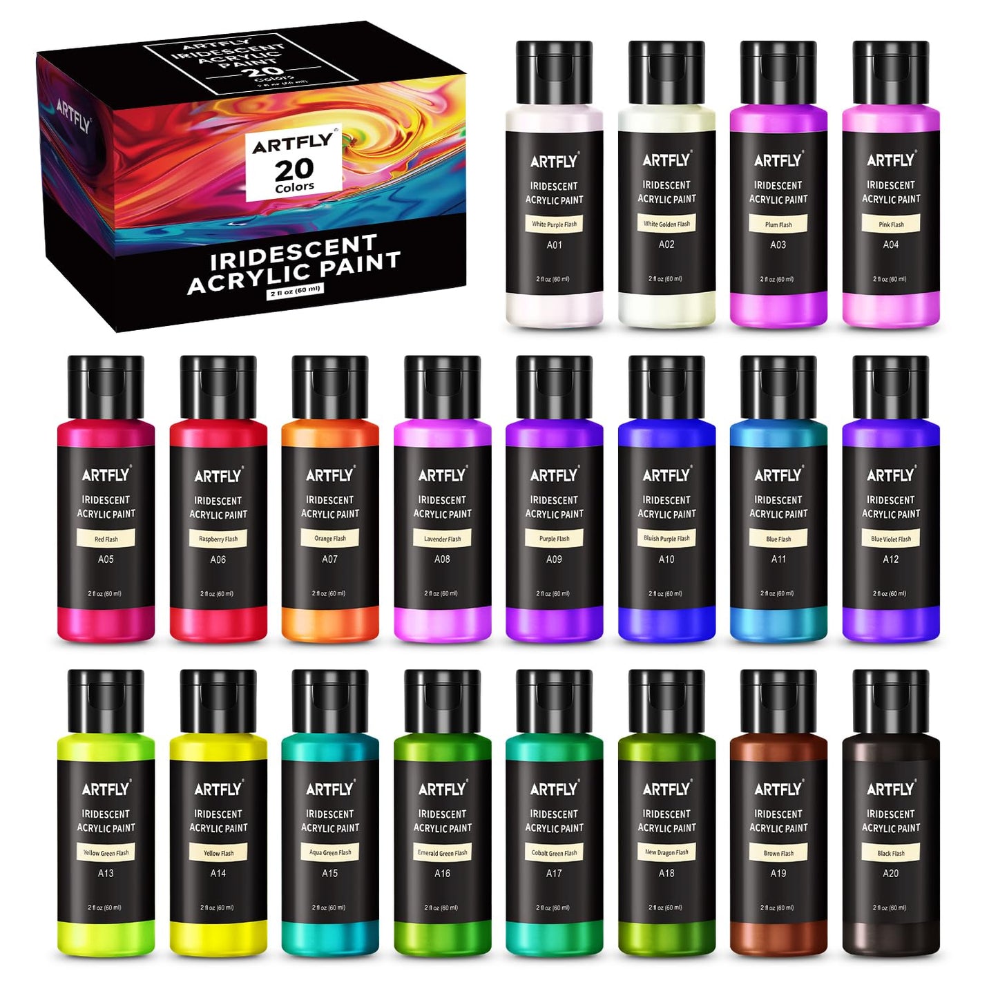ARTFLY Iridescent Acrylic Paint Set, 20 Chameleon Colors in 20x60ml Bottles, Color-shifting Acrylic Paint, Perfect for Artists, Beginners on Canvas,