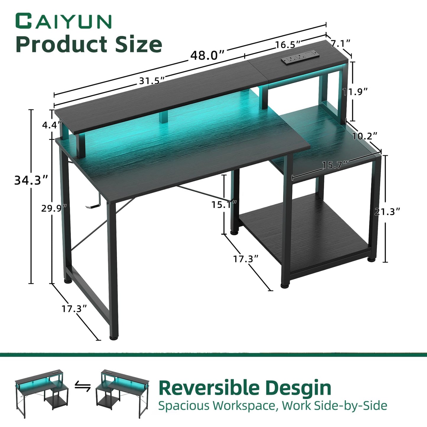 CAIYUH 48 Inch Gaming Desk, Computer Desk with Power Outlets & Adjustable LED, Teen Writing Study Table Home Office Desks for Small Space