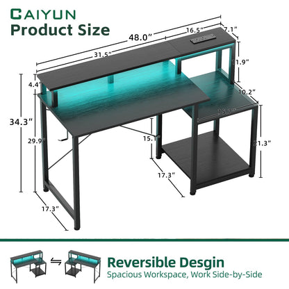 CAIYUH 48 Inch Gaming Desk, Computer Desk with Power Outlets & Adjustable LED, Teen Writing Study Table Home Office Desks for Small Space