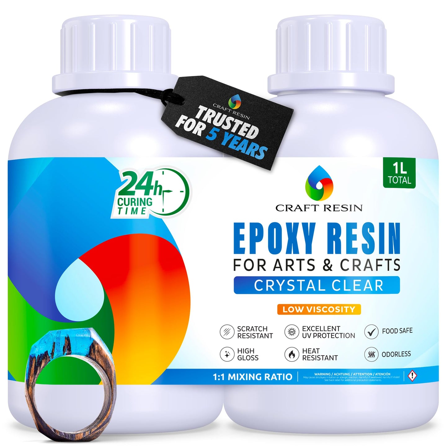 CRAFT RESIN 1L Crystal Clear Epoxy Resin Kit - Food Safe & UV Resistant for DIY Art, Wood, Jewellery Making, Coasters, Mould Casting Resin Epoxy - Low