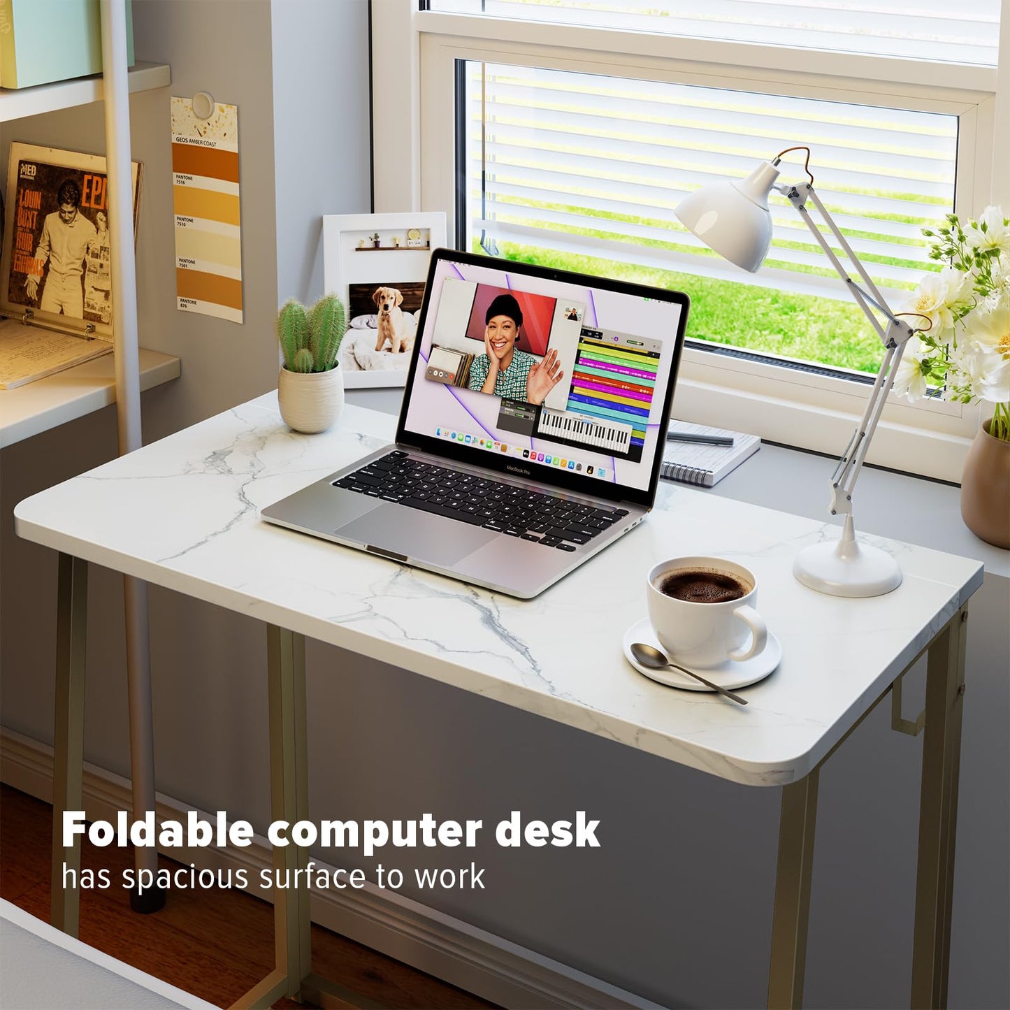 WOHOMO White Faux Marble Folding Desk, 80cm Office Table with Gold Legs